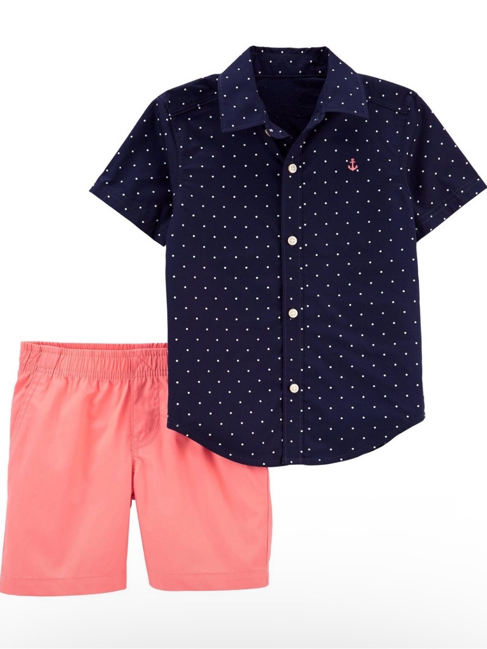 Carter’s Navy Polka Dot Short Sleeve Shirt & Coral Shorts Set